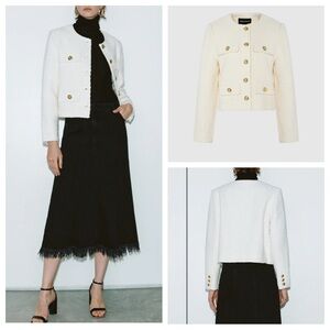 Urban Revivo Cream Textured Tweed gold button blazer Jacket 25117